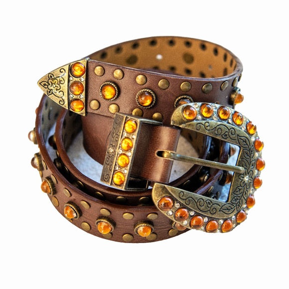 Western Amber and Gem Studded Belt with Big Buckle - Picture 1 of 12